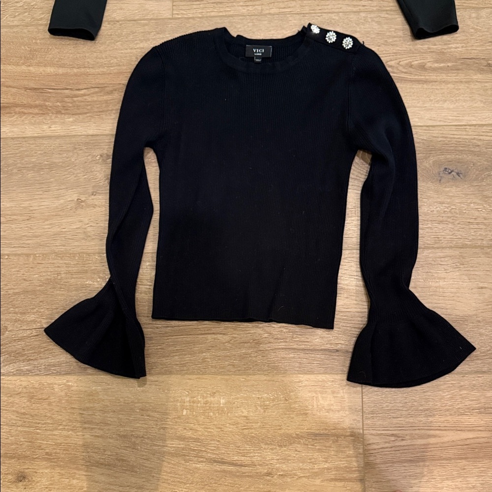 Vici Black Long Sleeve Top with Flared Cuffs and Embellished Shoulder